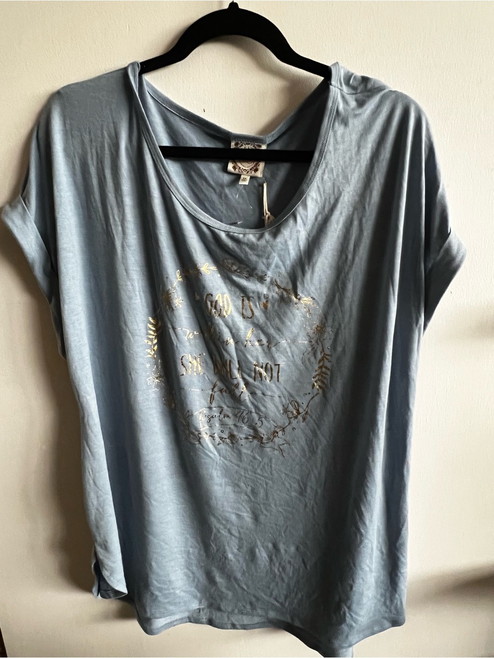 Relaxed Light Blue Short Sleeve Scoop Neck Tee with Gold Foil Accent